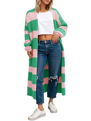 Saodimallsu Womens Striped Long Cardigan Sweaters Open Front Oversized Chunky Fuzzy Knit Fall Duster Sweater Coats