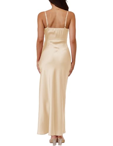Summer Satin Spaghetti Strap Backless Maxi Dresses for Women 2025 Sexy Square Neck Ruched Slit Wedding Guest Midi Dress3
