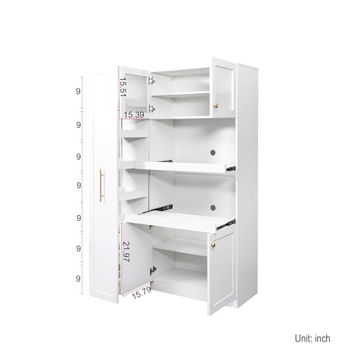 Image of Ball & Cast 71″Tall Freestanding Kitchen Pantry Cabinet with 2 Pull-Out Shelves,Versatile Farmhouse Pantry Storage Cabinet w /Pull-Out Storage Shelf and 4 Doors,for Kitchen and Dining Room,White