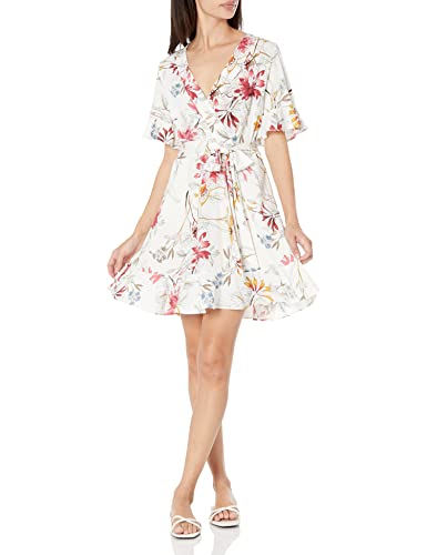 Bcbgmaxazria Women's Fit And Flare Ruffle Tie Belt Mini Wrap Dress, Wild Flower, Large #TOP22