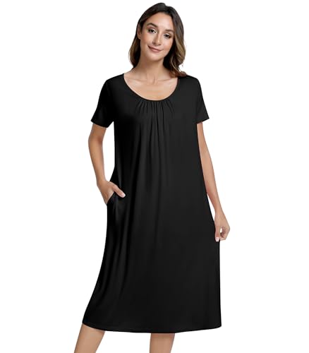 Image of NACHILA Women's Nightgowns-Viscose Made from Bamboo,Short Sleeve Nightshirt Soft Sleep Shirts Cool Sleep Dress with Pockets