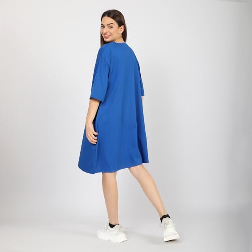 Image of LAMA STORE Women's Printed Oversized T-Shirt Dress, Cotton, 3 /4 Sleeve Length, Casual Loose Fit, Comfort Wear Extra Comfy Oversized Printed Pocket T-Shirt Dress