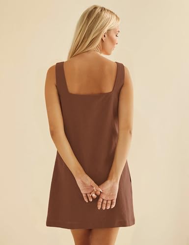 Image of Burtell Summer Sleeveless Cotton Linen Mini Dresses for Women Casual Square Neck Backless Short Dress Solid Tank Shift Dress