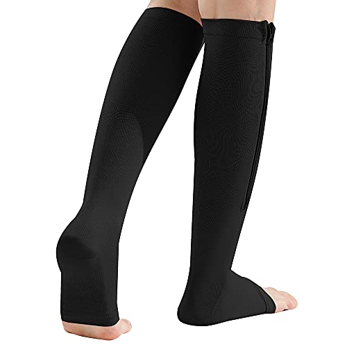 (2 pares) Meias de compressão com zíper médico 15 – 20 mmHg Suporte de zíper na perna unissex Joelho