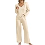 Generisch Loungewear Damen Set, Hausanzug Damen Winter Lang Schlafanzug - Loungewear Pyjama Set Elegant Zweiteiler Gerippt Homewear Freizeitanzug V-Ausschnitt Nachtwäsche Beige M