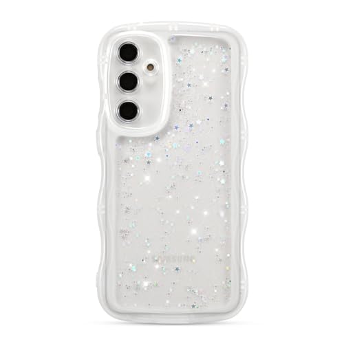 ZTOFERA for Samsung Galaxy S24 Plus 5G Case 6.7",Cute Curly Wave Case with Star Glitter,Clear Shiny Bling Soft TPU Shockproof Phone Protective Cover for Women Girls-White