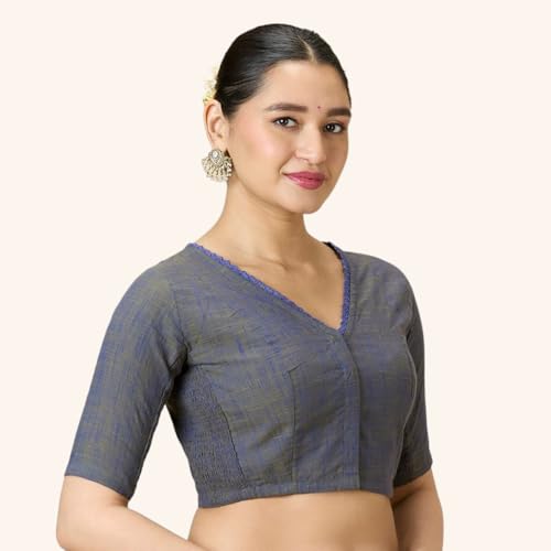 Image of Studio Shringaar Women's Handloom Cotton Side Stretchable (Smocked) Readymade Saree Blouse with Crochet Neckline
