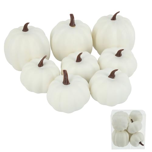 Image of Ghrdopy Fake Pumpkins, 8 Pcs White Artificial Pumpkins, Plastic Pumpkins for Thanksgiving Party Table Centerpiece Autumn Home Decoration-A