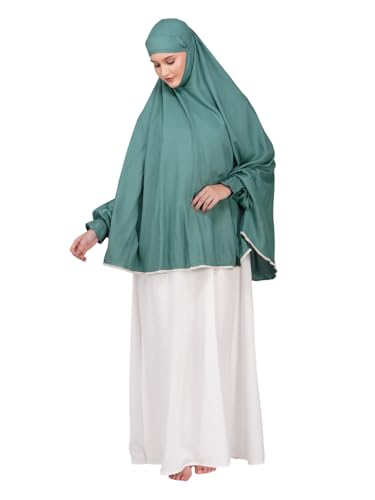 ANA Arisha Green Solid Prayer Dress – Soft Rayon Cotton Namaz Makhna with Tie Knot | 40″ Front × 44″ Back | Attached Sleeves | Lightweight, Ready to Wear for Hajj, Umrah & Salah