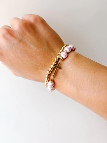 Cross Bracelet for Women,Jesus Christian Gifts Gold Beaded Dainty Link Chain Bracelet Flower Ceramic Bracelet Heart Vintage Jewelry3