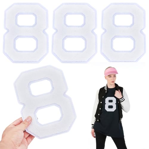 ORIGACH 4 parches autoadhesivos grandes de felpilla blanca de 8 pulgadas, números para coser números para tela, ropa, disfraces, decoración de bricolaje, número 8