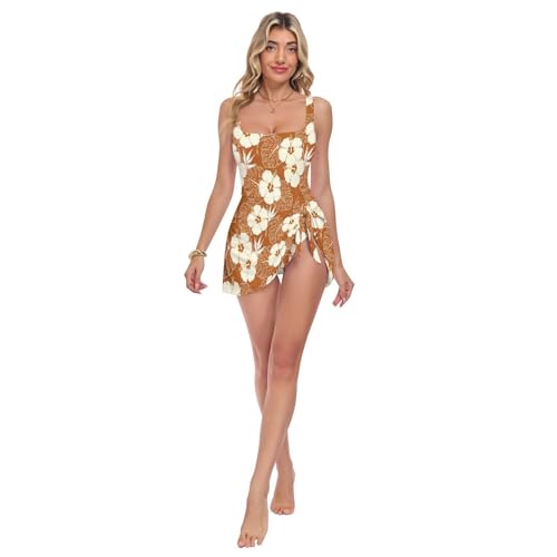 Maillot de bain une pièce col carré à motif tropical crème et marron pour femme chic
