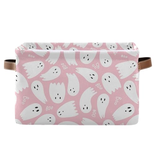 Pfrewn Halloween Baby Gift Storage Basket Pink Halloween Ghost Cute Collapsible Rectangular Storage Boxes Organizer Shelf Basket Toy Book Nursery Bin 16×12×8 IN