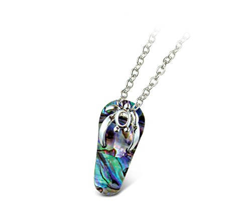 Puzzled Sea Turtle Flip Flop Necklace Jewelry - Authentic Pendant Made With Natural Paua Abalone Shell With Silver Snake Chain Necklace, Unique Charm Jewel for Casual and Formal Occasions - 18 Inches