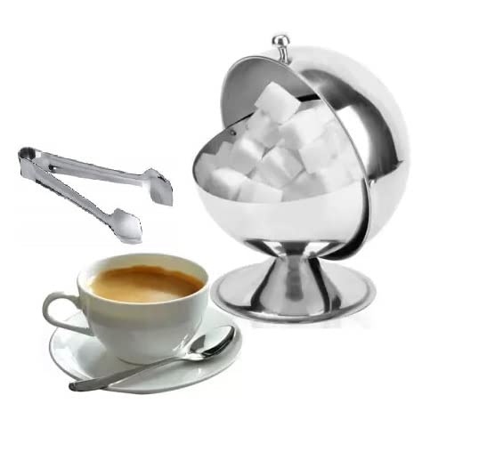 Gaffel Stainless Steel Bowl with Roll Top Lid and Sugar Cube Tong-Covered Dish for Sugar Cubes,Candies,Snacks,Seasonings-Caddy for Home Hotel Cafes Bar Beverage Serving