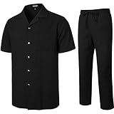 JEMITOP Men's 2 Piece Outfits Summer Relaxed Fit Walking Suit Casual Cuban Guayabera Shirt and Pants Set Beach Vacation Black L