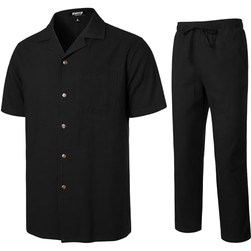 Image of JEMITOP Men's 2 Piece Outfits Summer Relaxed Fit Walking Suit Casual Cuban Guayabera Shirt and Pants Set Beach Vacation