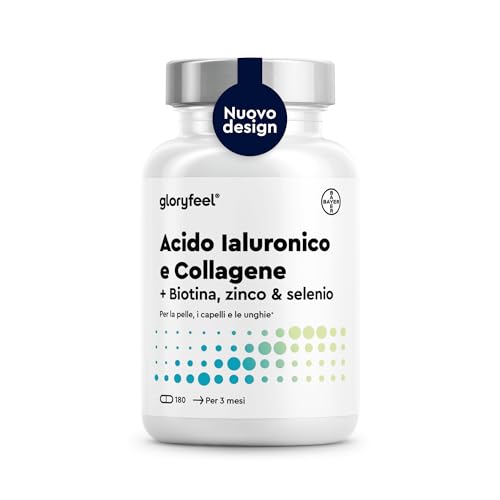 Collagene e Acido Ialuronico Integratore 180 Capsule, + Vitamina C, Biotina, Zinco e Selenio, 1000mg Collagene Idrolizzato + 200mg Acido Ialuronico con Bambù & Silicio