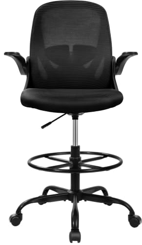 Image of Primy Drafting Chair Tall Office Chair with Flip-up Armrests Executive Ergonomic Computer Standing Desk Chair with Lumbar Support and Adjustable Footrest Ring (Black) (Pack of 2)