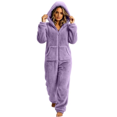 Long Sleeve Jumpsuit for Women Sherpa Lined Pajamas Zip Up Hooeded Romper - image 4