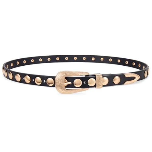 XZQTIVE Women's Punk Studded Skinny Belt – Western Belt with Engraved Buckle for Jeans & Dresses