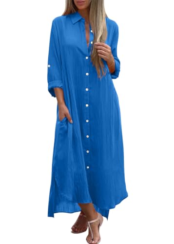 shownicer Leinenkleid Damen Blusenkleid V-Ausschnitt Langarm Freizeitkleid Casual Einfarbig Leinen Maxikleid Knopfleiste Shirtkleider mit Taschen...