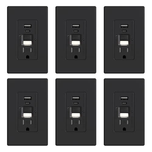 ELEGRP GFCI Outlet with USB Ports and Nightlight, 15 Amp Self-Test GFCI Combination with USB Ports, Tamper Resistant GFCI USB Outlet w/Nightlight, Wall Plate Included, UL Listed, Matte Black, 6 Pack