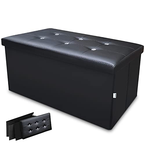 Chuvian Taburete Almacenaje, Cuero Sintético Reposapiés con Tapa, Plegable para Almacenamiento Ottoman y Asiento, Muebles Cúbico Moderno para Oficina y Hogar Salón 76 x 38 x 38 cm (Negro) Cover