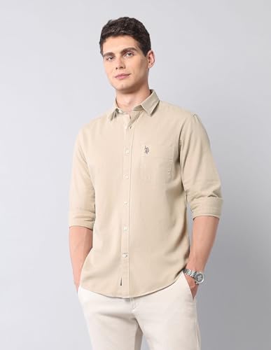Image of U.S. Polo ASSN. Solid Slim Fit Shirts for Men - 100% Cotton, Full Sleeve Mens Casual Shirts