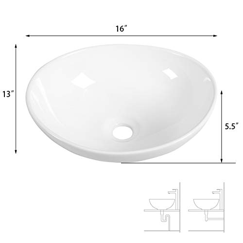 Image of Giantex Bathroom Sink, Vessel Sink 16x13 Inch, Basin Porcelain with Anti-clogging Pop Up Drain, Countertop Bathroom Vanity Vessel Sink, Oval Ceramic Sink Bowl, Bathroom Vessel Sink, White