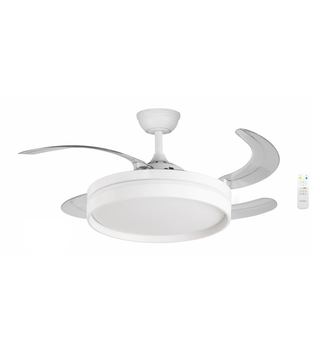 Bastilipo - FALESIA - Blanco, Ventilador techo de 4 palas retractiles 50cm, motor DC 40W, mando a distancia, Luz LED 3 colores 36W, 106 cm
