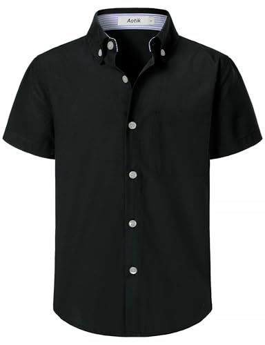 AOTIK Boys Oxford Button Down Shirt Short Sleeve Formal Uniform Dress Shirts with Pocket 14 Black