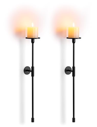 Sziqiqi Wall Candle Holder Black: Metal Candle Sconces for Pillar Candlestick Modern Wall Mount Candleholders Set of 2 - Long Candlestick Sconce Decor for Living Room Bedroom Bathroom Fireplace