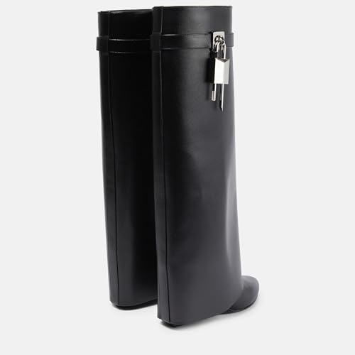 Arqa Fold Over Knee High Boots for Women Covered Wedge Heel Shark Boots Pull-on Wide Calf Boots Fashion Party Almond Toe Booties4