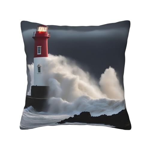 MCXWD Funda de cojín universal con estampado de faro en tormenta, para el hogar, coche, campamento, sofá, funda de cojín cuadrada