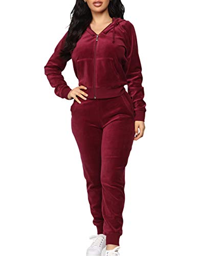 Sexyshine Women s Casual 2 Piece Velvet Jacket Tops & Sweatpants Sports Sets Tracksuits Sweatsuit Loungewear Set(7080WR,XL)