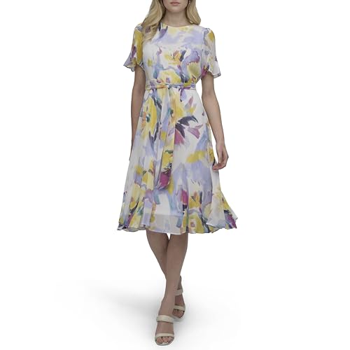 Image of DKNY Women's Flutter Sleeve Round Neck Waist Tie Midi Dress