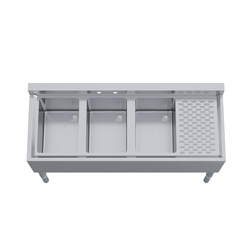Image of AmGood 48 in. x 18-3 /4 in. Three Compartment Under Bar Sink with Right Drainboard. 48 in. x 18-3 /4 in. x 30 in. with 3 in. Backsplash, 10 in. x 14 in. x 10 in. Bowls. NSF