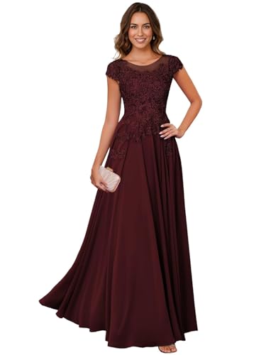 Image of Lace Applique Chiffon Mother of Bride Dresses - Short Sleeve Pleated Long Mother of The Groom Dress