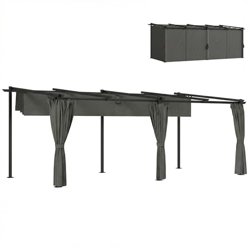 Outsunny Pergola rétractable 3 x 6 m avec Rideaux latéraux, tonnelle de Jardin en métal avec Protection Solaire UPF30+, abri pour terrasse, Patio, Gris foncé