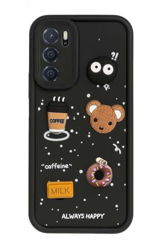 Image of Bintage Cute Fun Taddy Cartoon 3D Ball Bear Milk Donut Coffee Cup Silicon Case Full Body & Camera Protection Back Cover Compatible for Oppo A53s 5G - Black