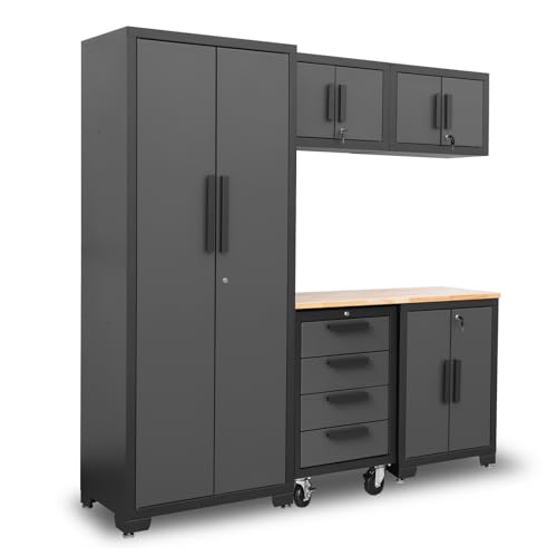 Image of Torin Garage Cabinets Storage System: 6 Piece Set with Lockers and Workbench for Home, Office, Gym, School, Black /Grey,AGPZ112B