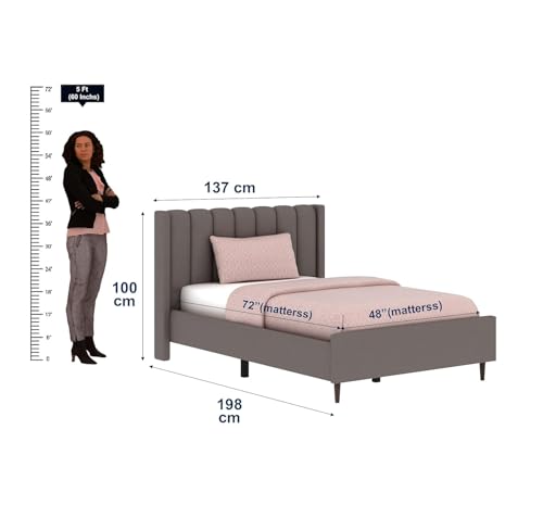 Image of Ganpati Arts Solid Sheesham Wood Emperor Upholstered Single Size Bed Without Storage and Tufted Headboard | Wooden Single Bed Cot Palang for Bedroom, Hotels and Home Furniture (Grey)