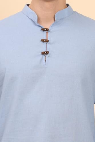 Image of Amazon Brand - Anarva Men's Cotton Linen Solid Kurta Long Sleeves Wooden Button Regular Casual Shirt