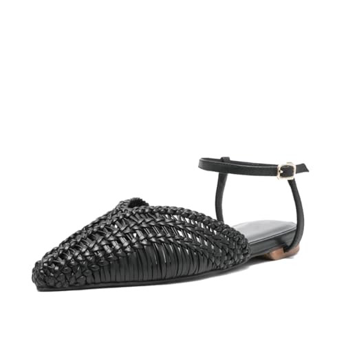 Women's Braided Leather Ballet Flats Closed Pointed Toe Ankle Strap Buckle Slingback Shoes Comfortable Summer Casual Dress Shoes