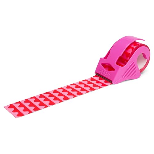 Decorative Packing Tape with Pink Dispenser – Pink & Red Wavy Pattern, 1.88