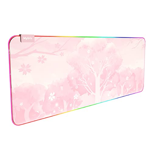 Mytrix マウスパッド 大型 RGB ゲーミングマウスパッド ノンスリップラバーベース 800×300×4mm キーボードパッド デスクマット 光るマウスパッド かわいい桜柄 ピンク 防水 防塵 ズレない USBケーブル付属