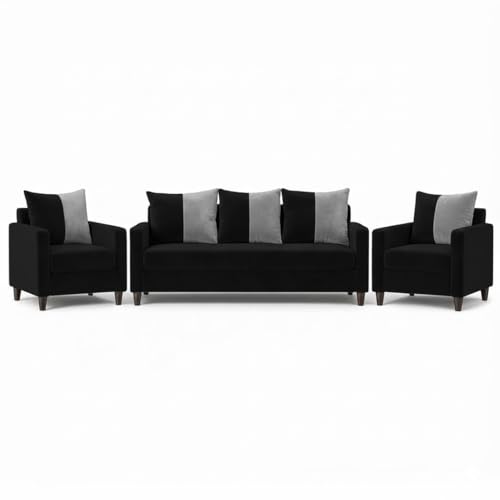 Image of FURNY Rion 5 Seater Fabric 3+1+1 Sofa Set (Black-Light Grey) Premium Velvet Finish | Durable & Comfortable | Ideal for Living Rooms