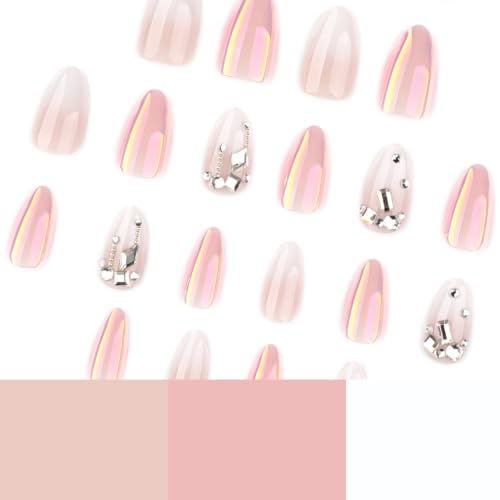 Image of Short Almond Press on Nails Chrome Fake Nails White Ombre Nails Press ons | White Gradient French Tip with Rhinestone Design Nude Full Cover Glossy Shiny Stick on Nails for Women Manicure 24Pcs