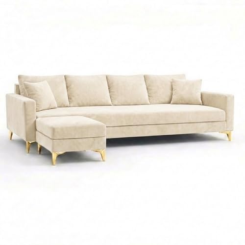 Image of Classiq Rich 5 Seater L Shape Sofa Set with Movable Ottoman | Flexible Layout | Spacious Soft Touch Seating | Designer Sofa for Living Room (Cream)